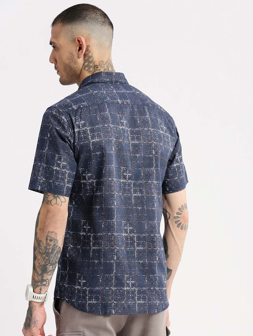 men navy blue regular fit collared printed casual shirt - 20960745 - Standard Image - 2