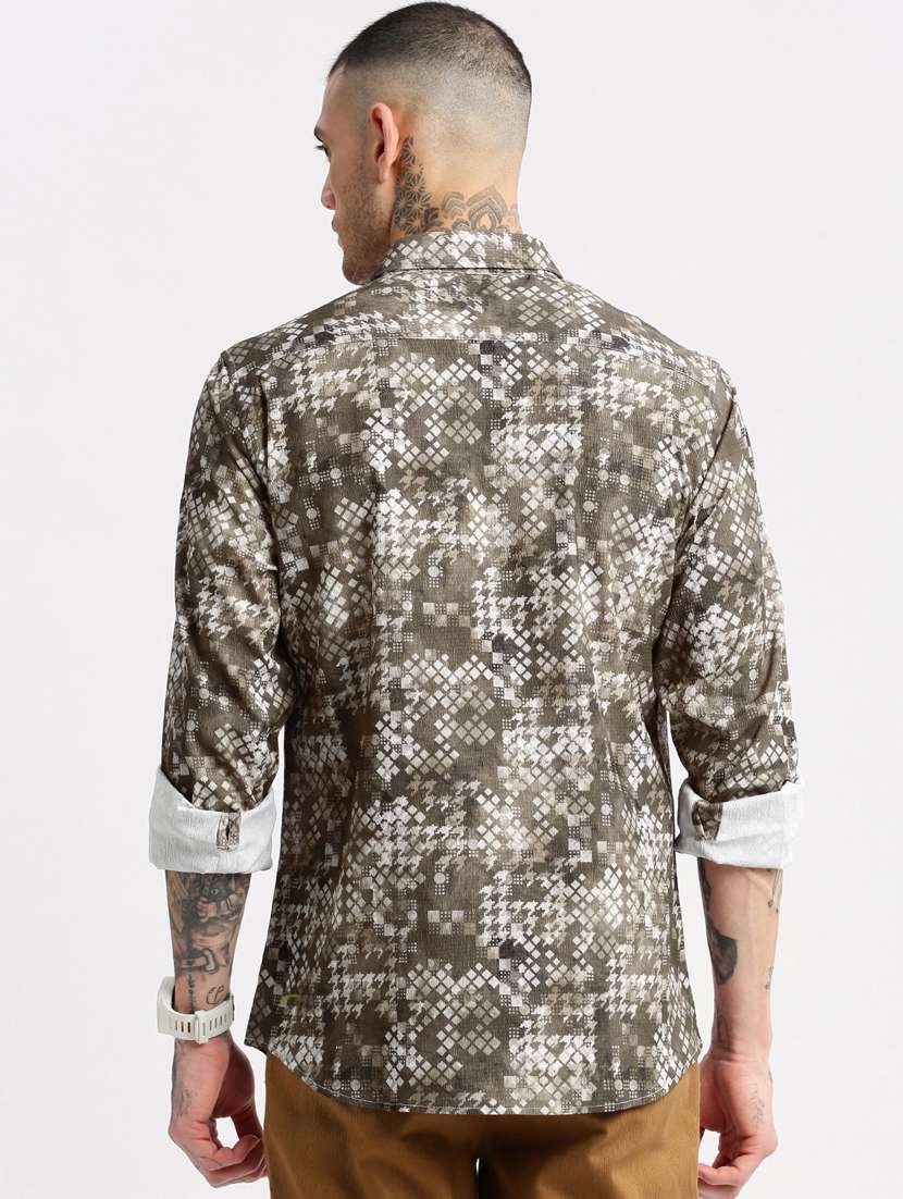 men olive geometric printed casual shirt - 20960761 -  Standard Image - 2