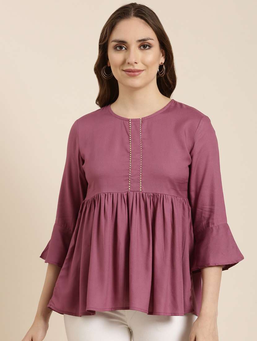 women lavender round neck a-line kurti