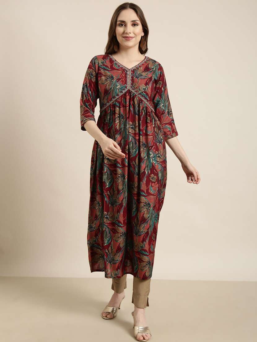 women maroon v neck a-line kurta