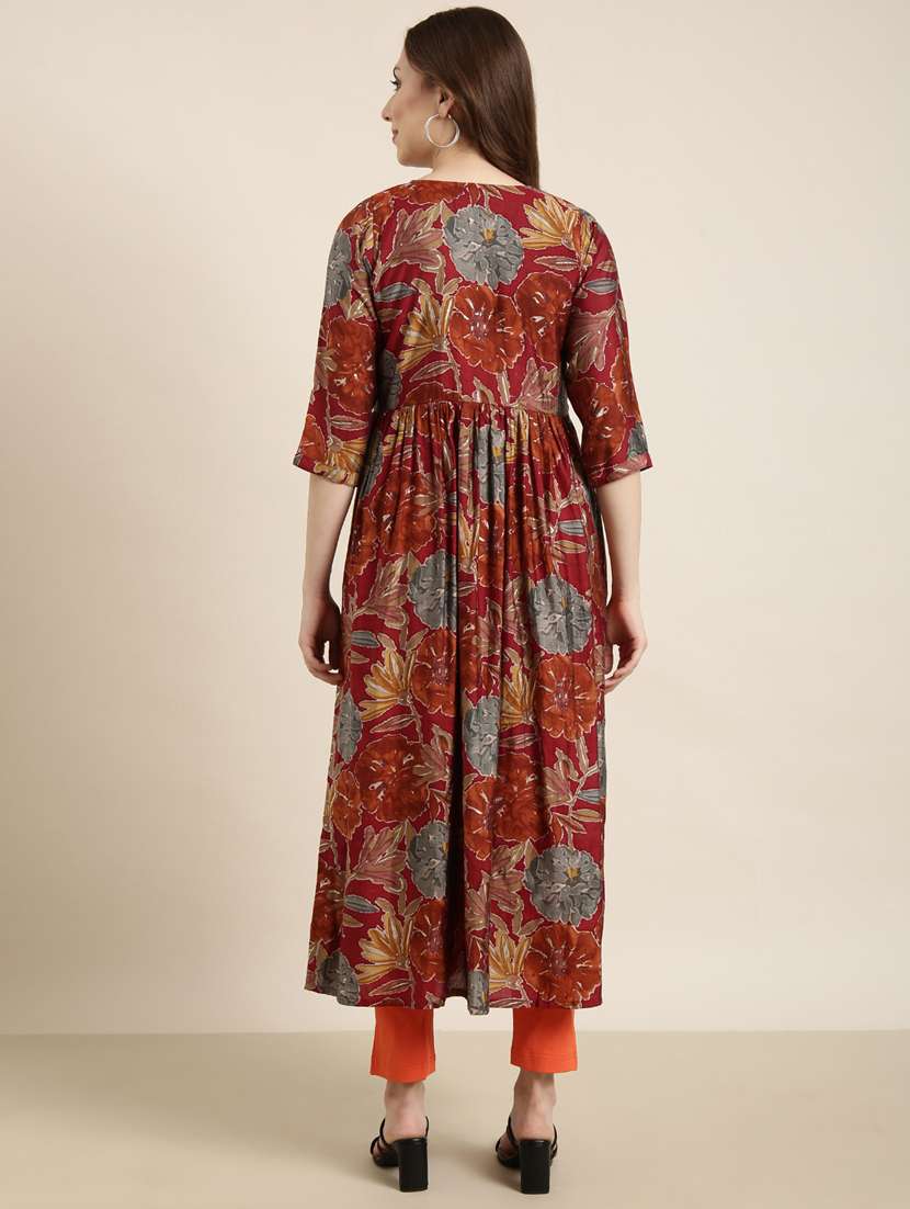 women maroon v neck flared kurta - 20960876 - Standard Image - 2