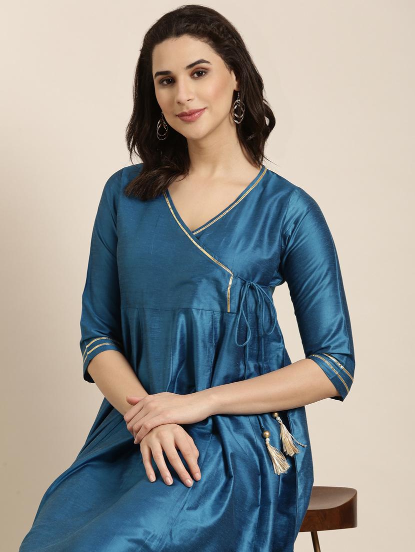teal three quarter sleeve angrakha kurta - 20960878 - Standard Image - 7