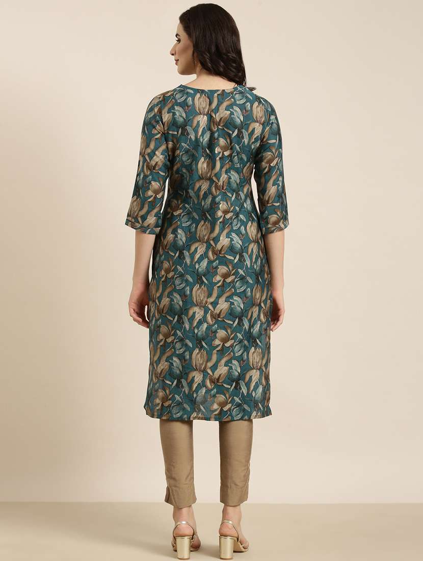 women teal round neck straight kurta - 20960890 -  Standard Image - 2