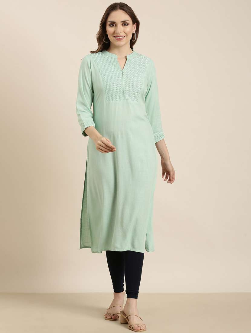 women sea green mandarin neck straight kurta