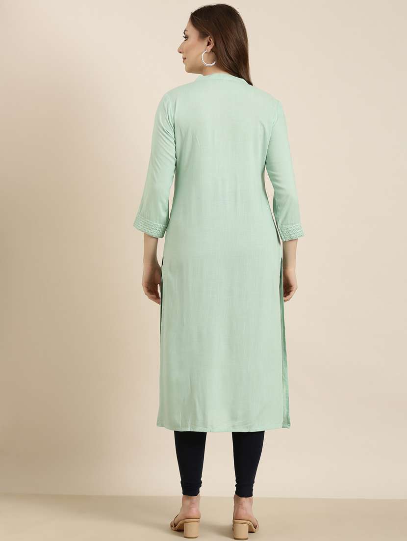 women sea green mandarin neck straight kurta - 20960923 -  Standard Image - 2