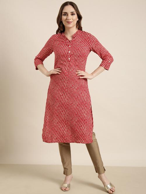 women red mandarin neck straight kurta - 20960927 -  Standard Image - 0