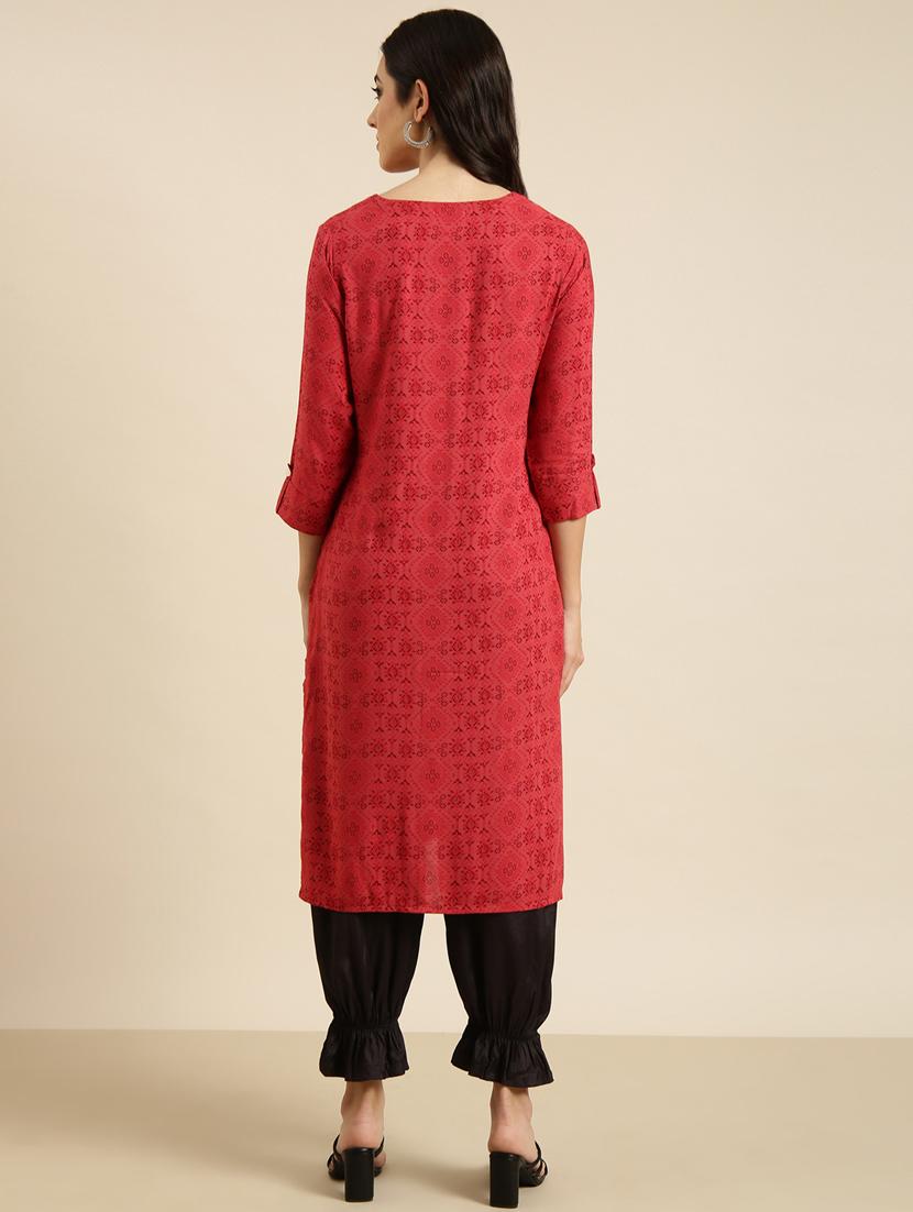 women red round neck straight kurta - 20960930 - Standard Image - 2
