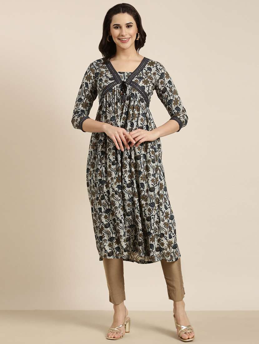 women blue v neck floral printed kurta