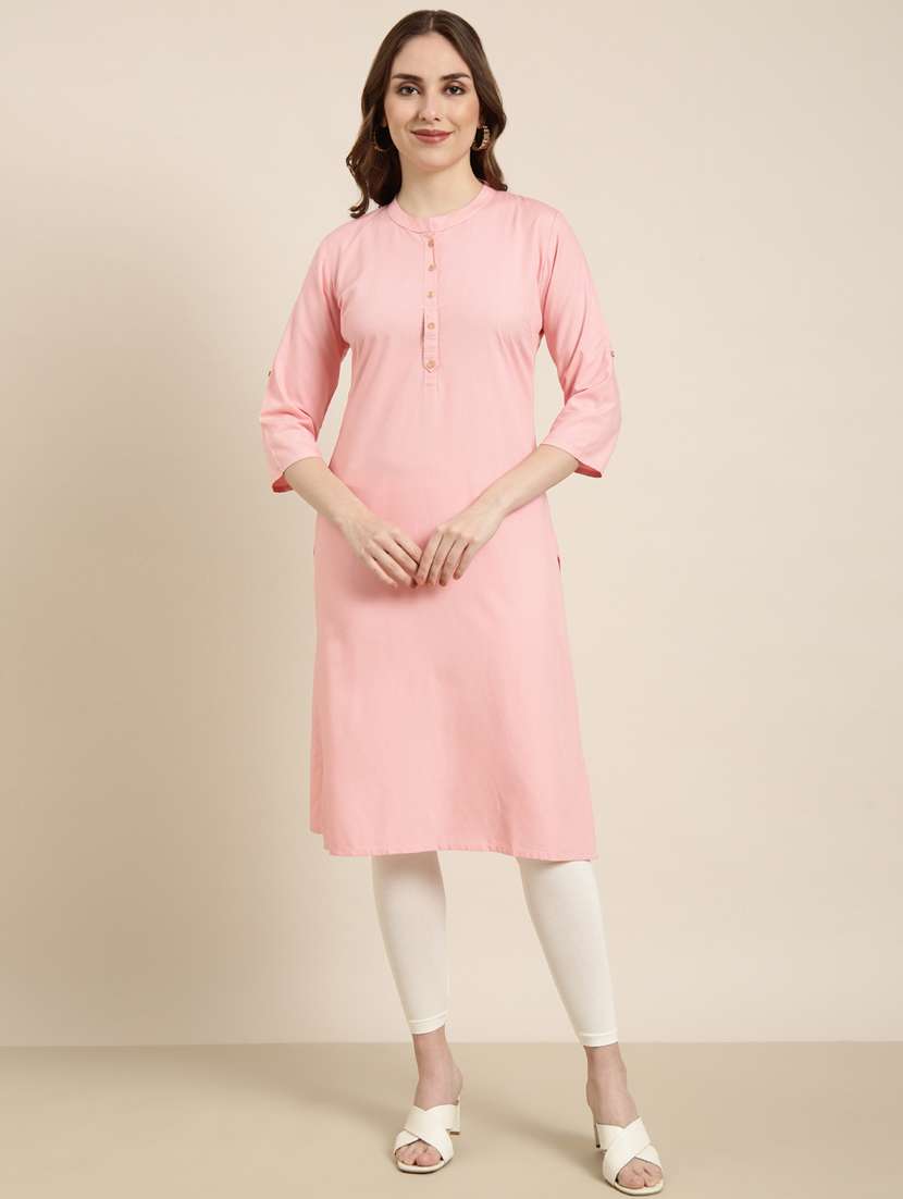 women pink mandarin neck straight kurta