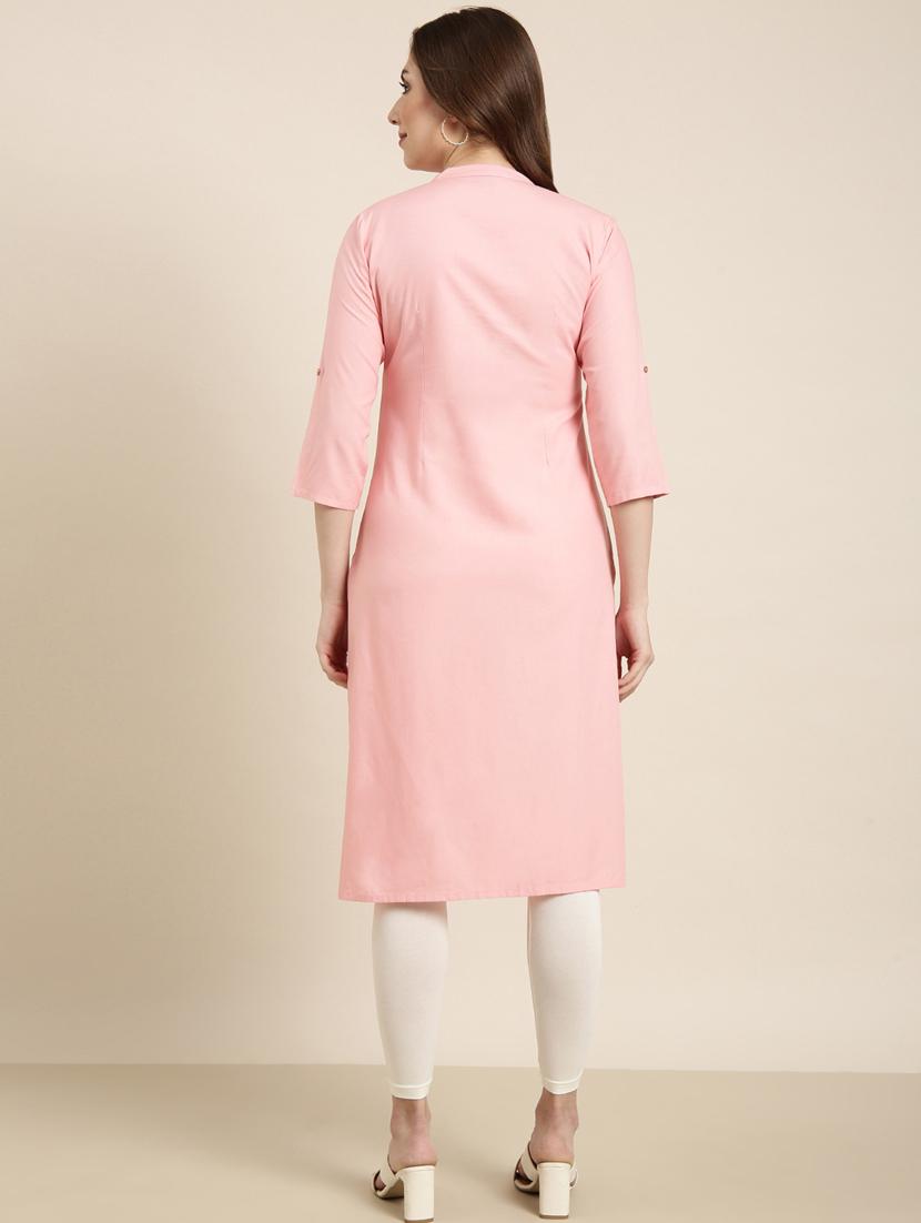 women pink mandarin neck straight kurta - 20960946 - Standard Image - 2
