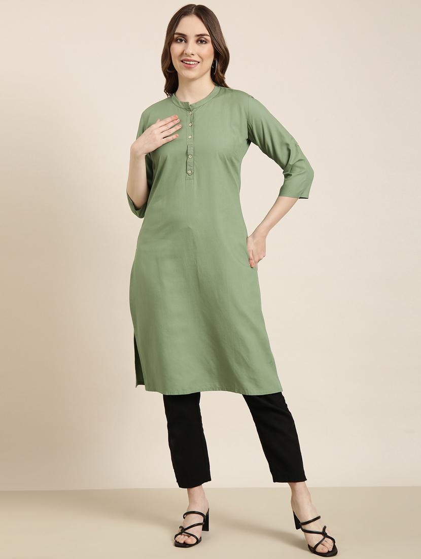 women green mandarin neck straight kurta - 20960949 - Zoom Image - 0