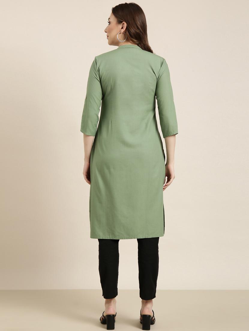 women green mandarin neck straight kurta - 20960949 - Standard Image - 2
