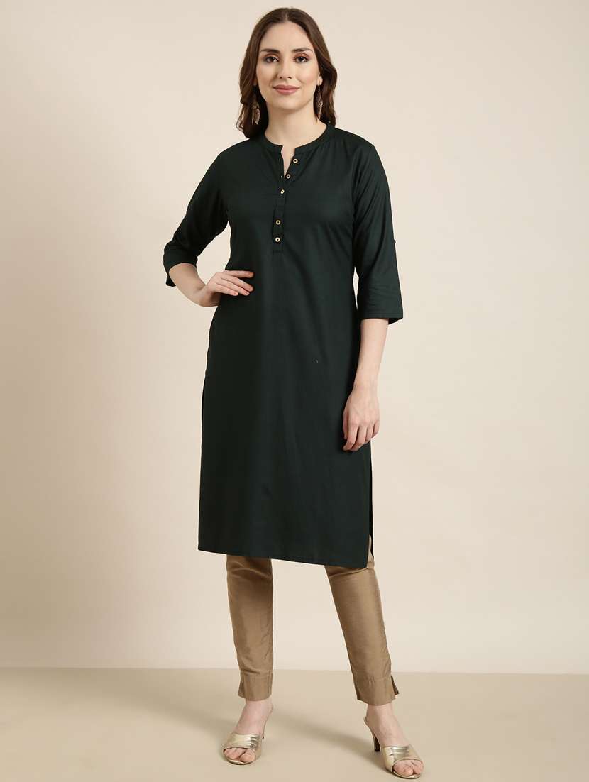 women green mandarin neck straight kurta