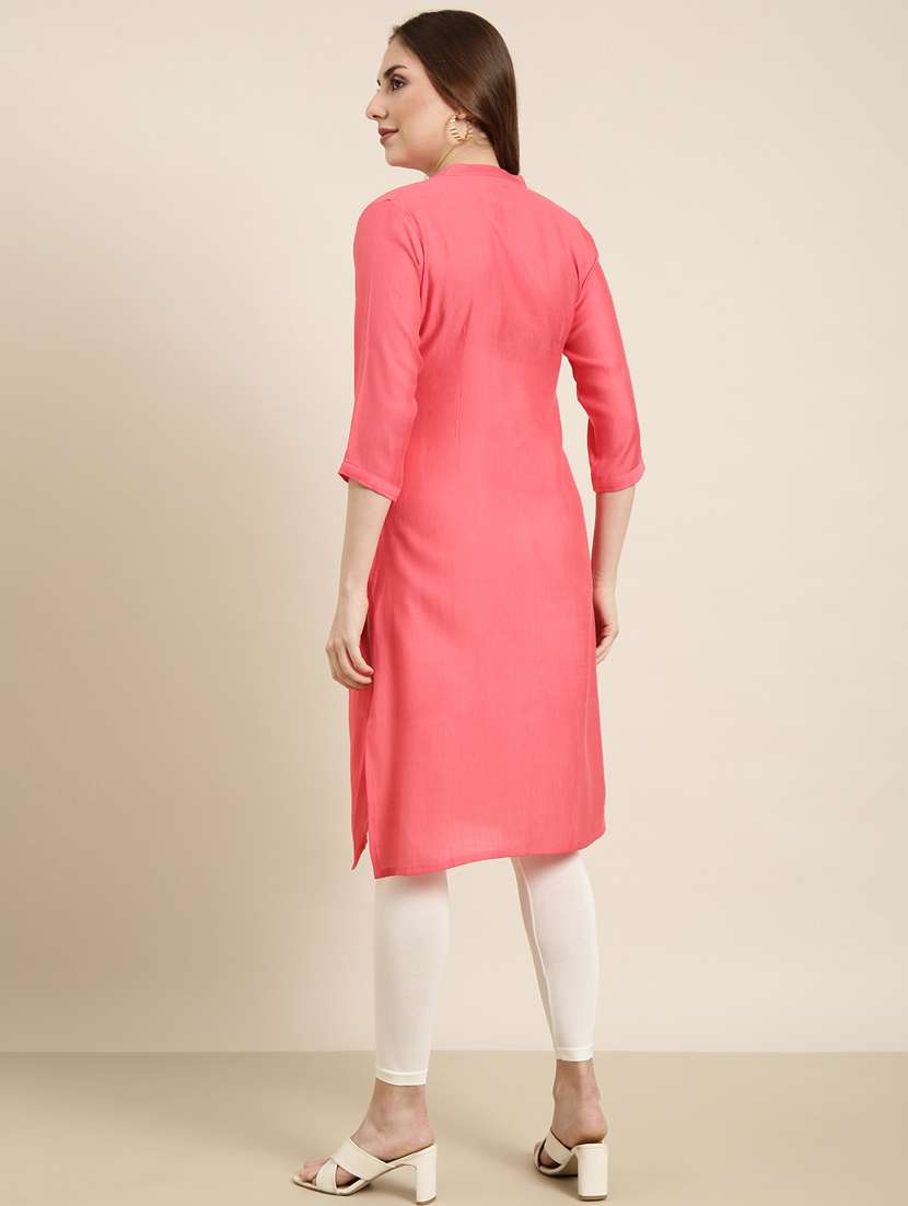 women pink mandarin neck straight kurta - 20960955 -  Standard Image - 2