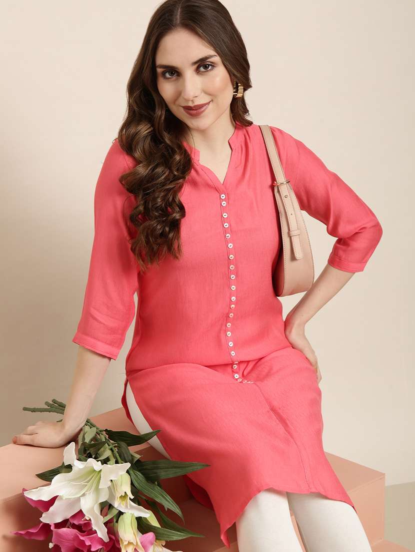 women pink mandarin neck straight kurta - 20960955 -  Standard Image - 7