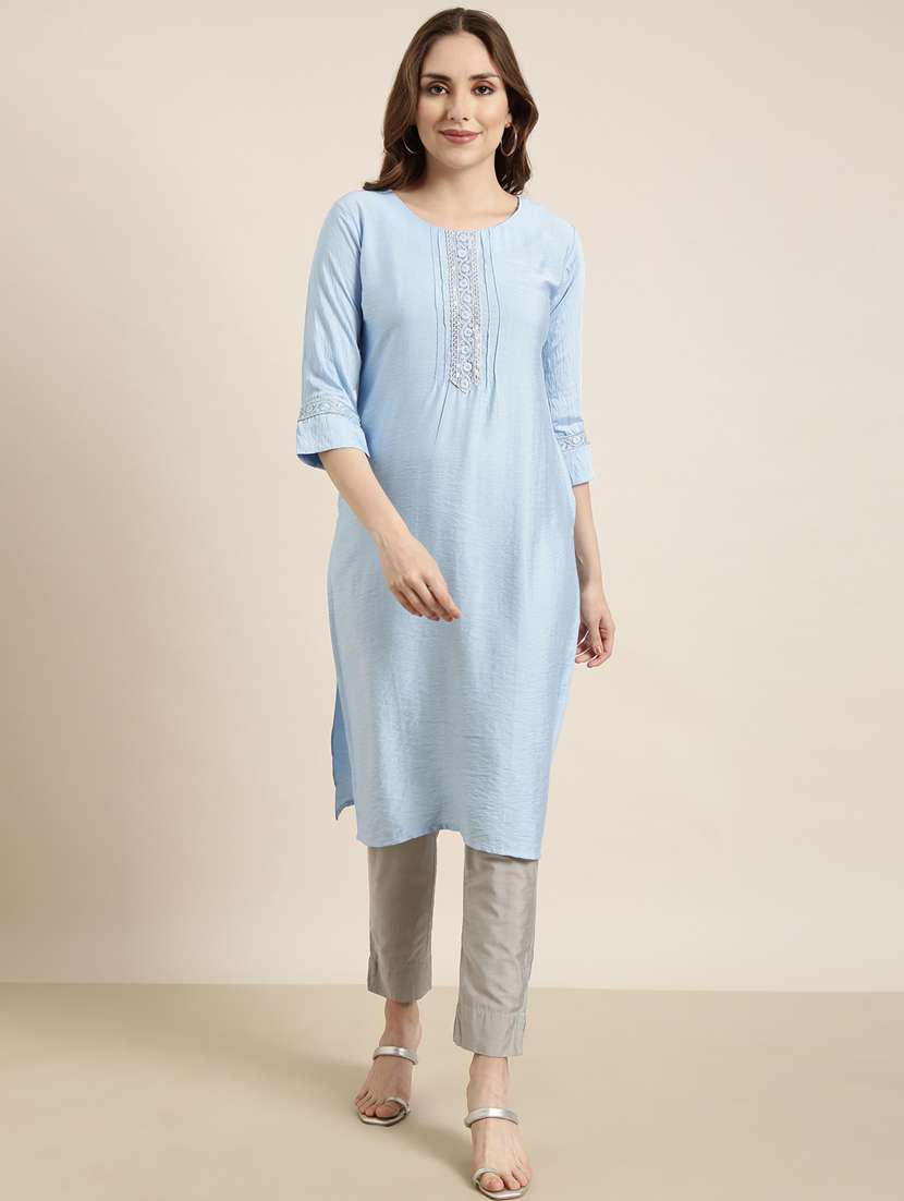 women purist blue round neck straight kurta