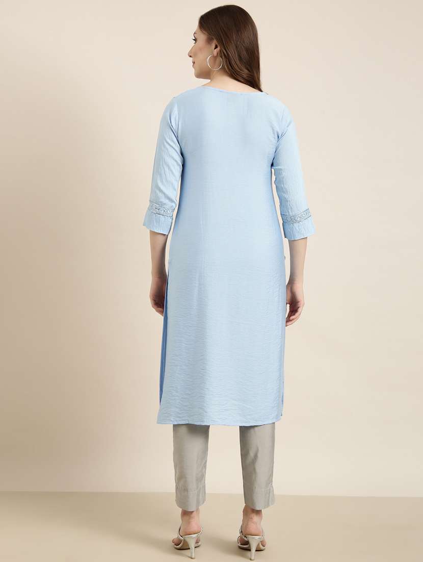 women purist blue round neck straight kurta - 20960959 -  Standard Image - 2