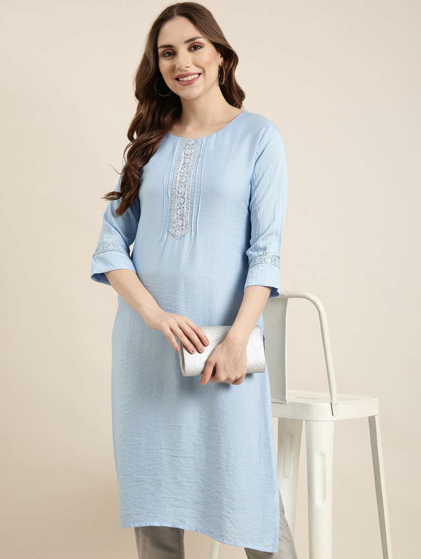 women purist blue round neck straight kurta - 20960959 -  Standard Image - 7