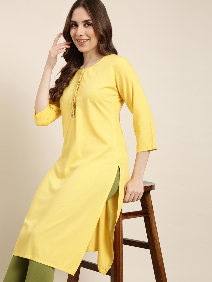 women yellow round neck straight kurta - 20960963 - Standard Image - 7
