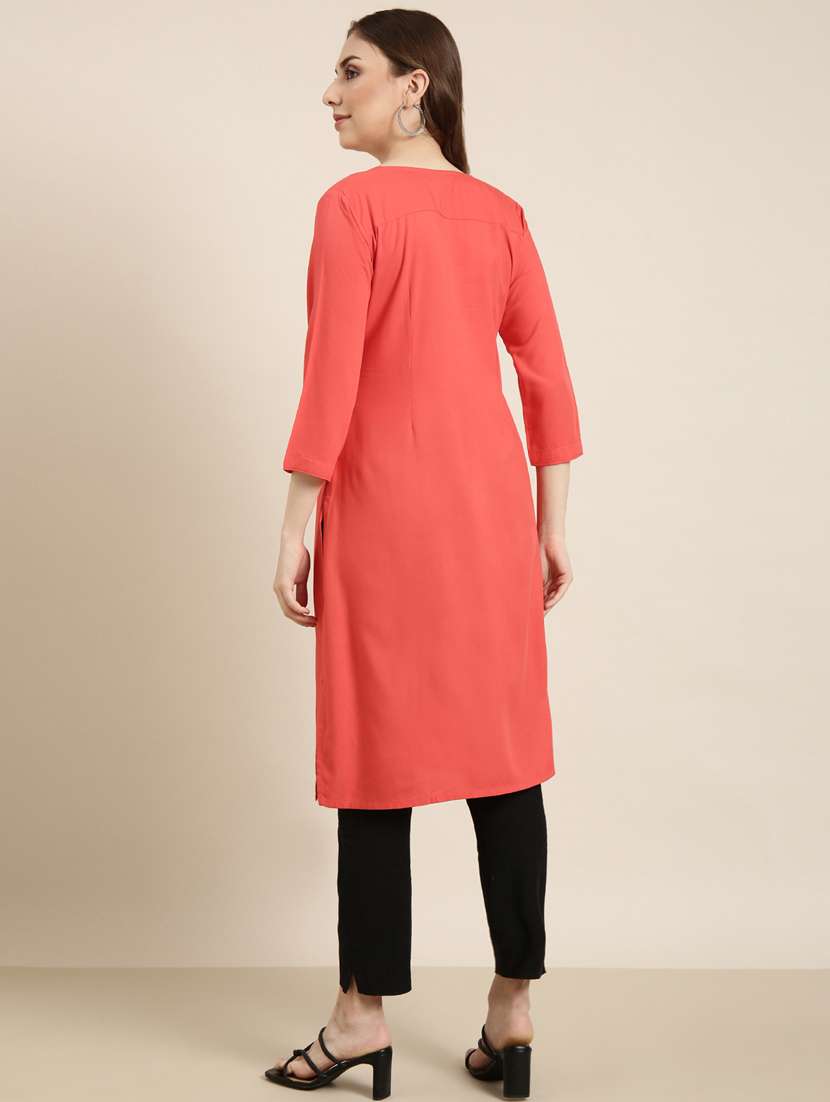 women coral round neck straight kurta - 20960966 -  Standard Image - 2