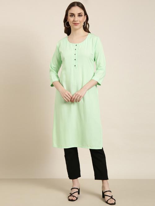 women green round neck straight kurta - 20960967 -  Standard Image - 0