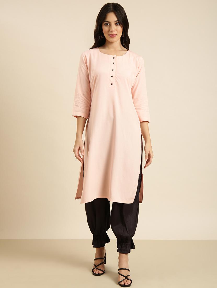 women peach round neck straight kurta - 20960968 - Zoom Image - 0