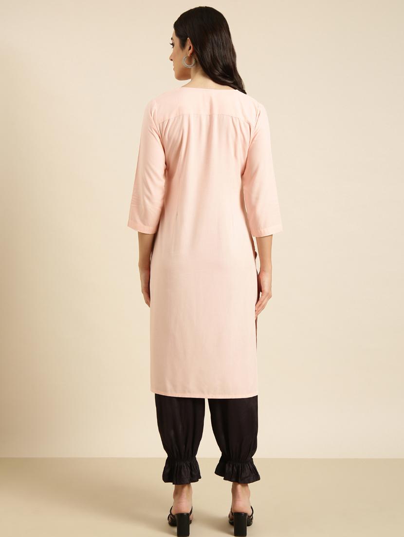 women peach round neck straight kurta - 20960968 - Standard Image - 2