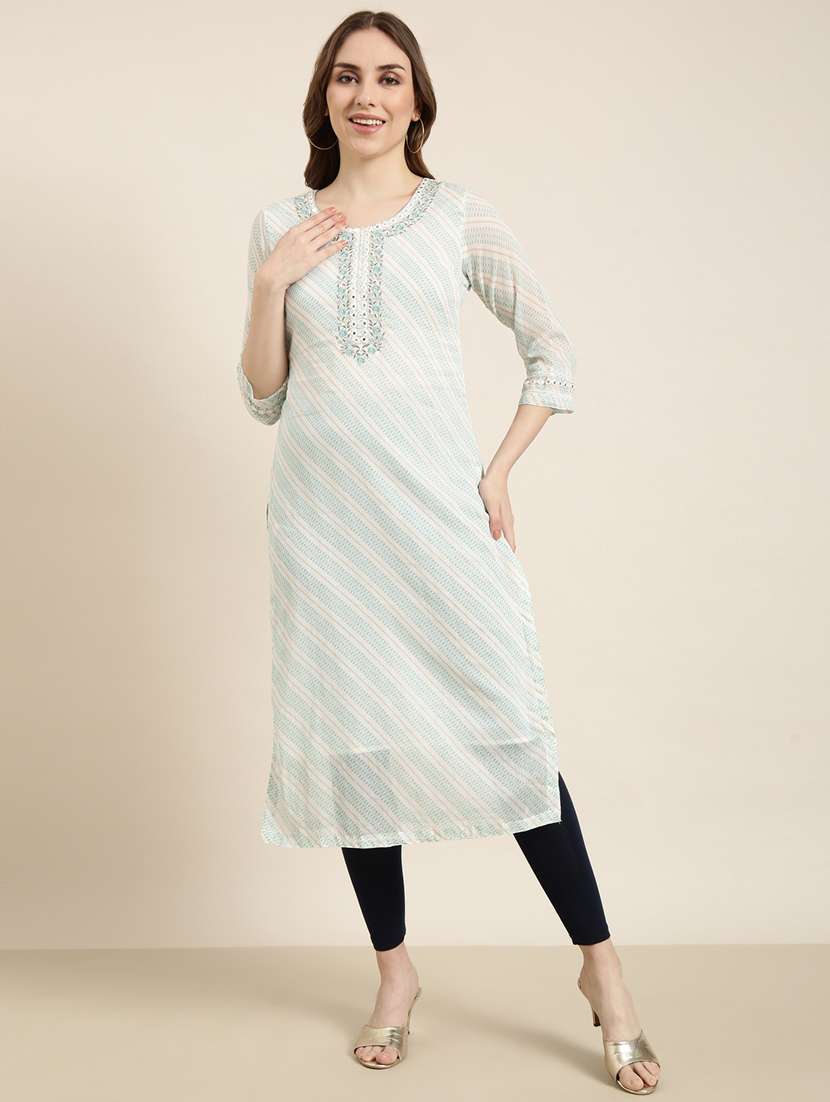 women white round neck straight kurta