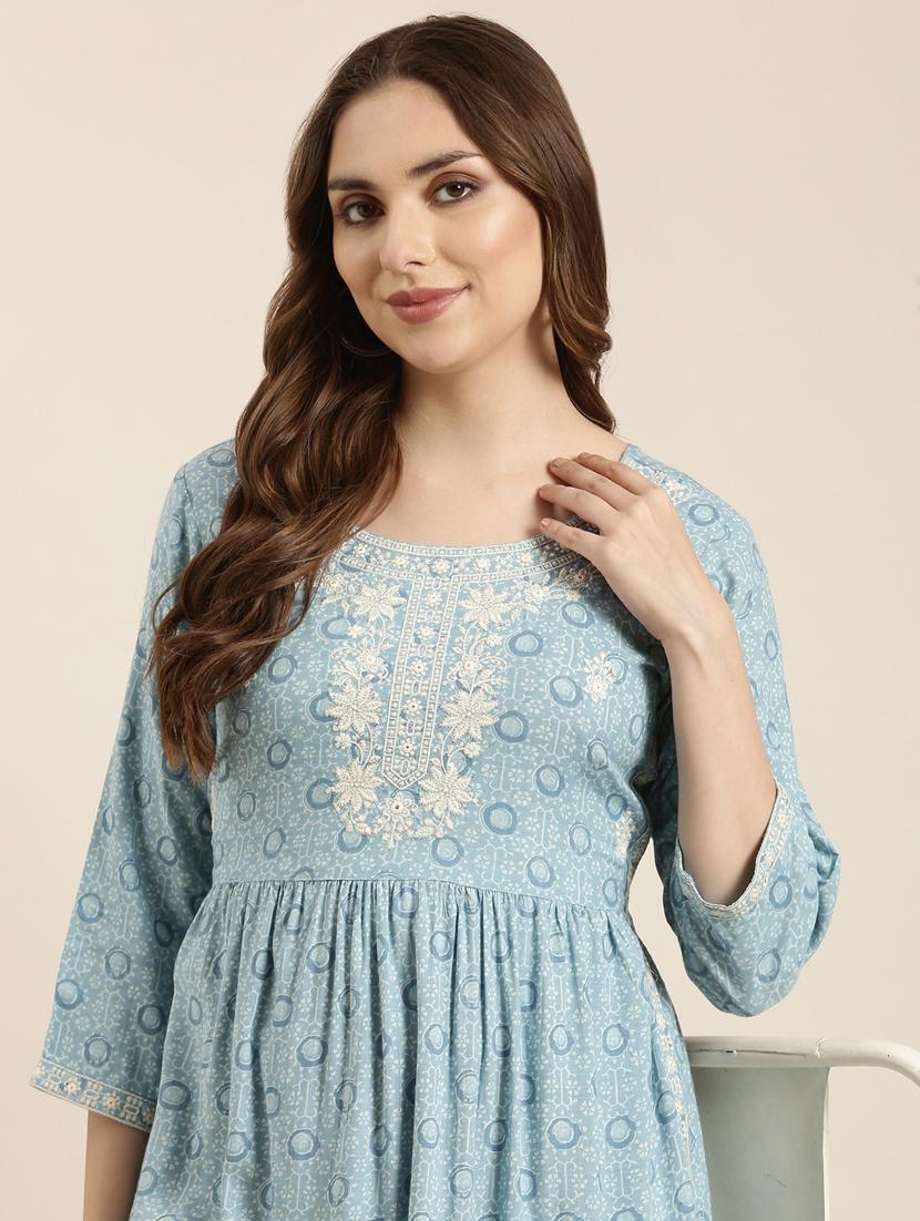 women light blue round neck a-line kurta - 20960991 - Standard Image - 7