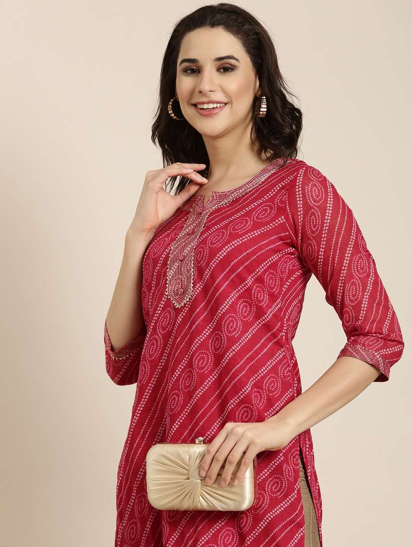 women pink notch neck straight kurta - 20961008 -  Standard Image - 7