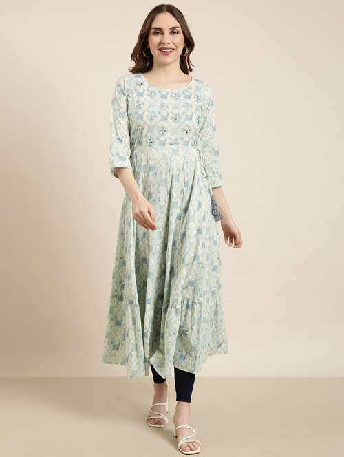 women sea green round neck anarkali kurta - 20961010 -  Standard Image - 0