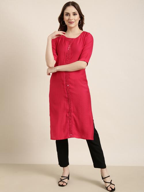 women red round neck straight kurta - 20961013 - Standard Image - 0