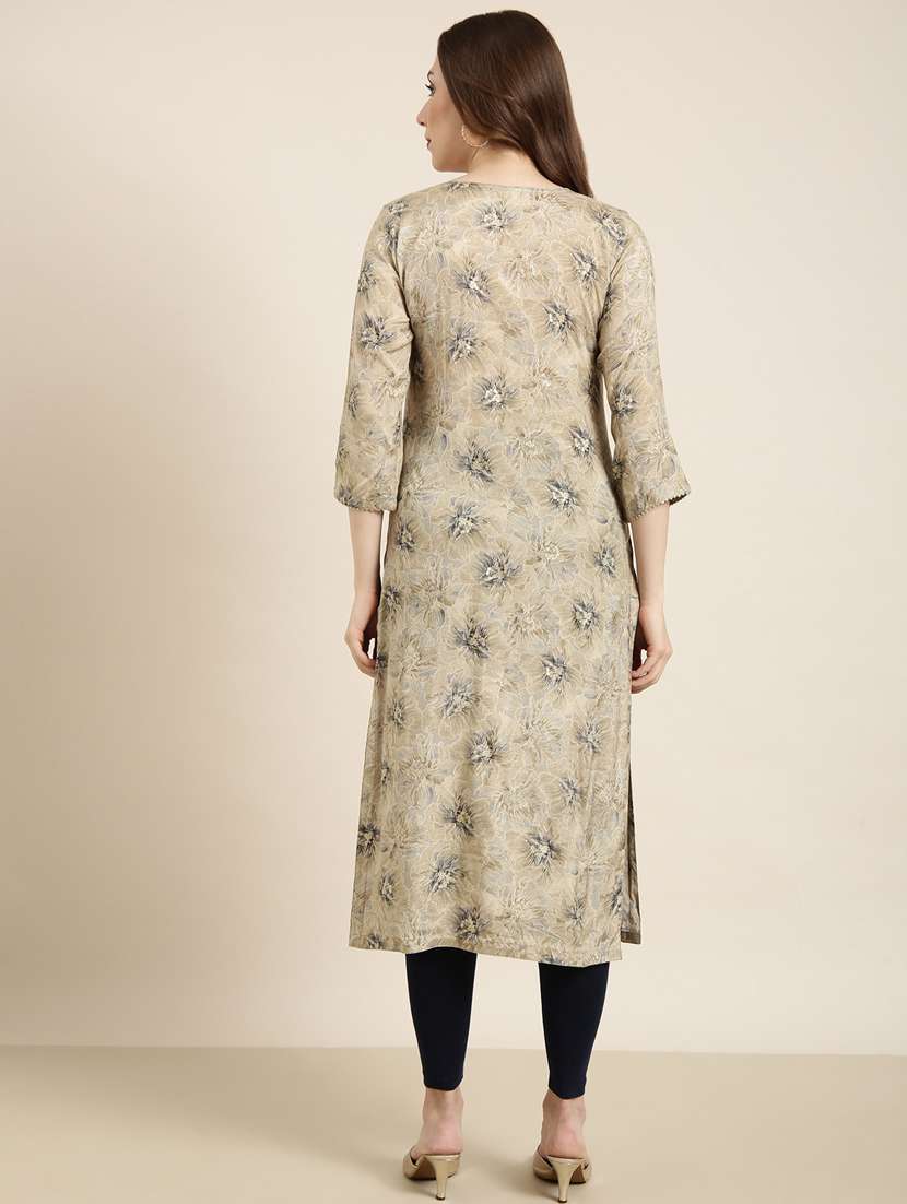 women beige round neck straight kurta - 20961016 -  Standard Image - 2