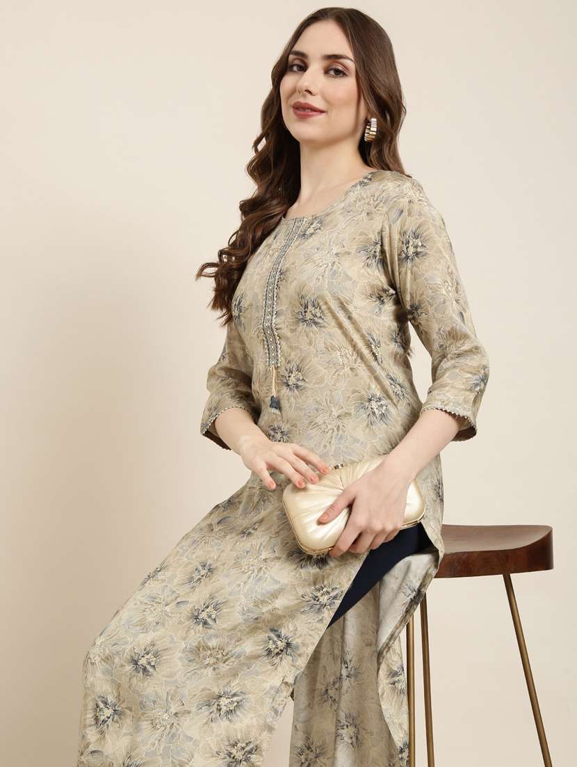 women beige round neck straight kurta - 20961016 -  Standard Image - 7