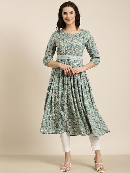 women sea green round neck flared kurta - 20961024 -  Standard Image - 0