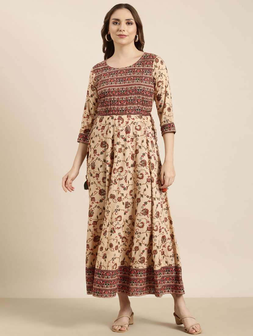women beige round neck anarkali dress