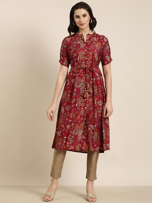 women maroon mandarin neck a-line kurta - 20961039 -  Standard Image - 0