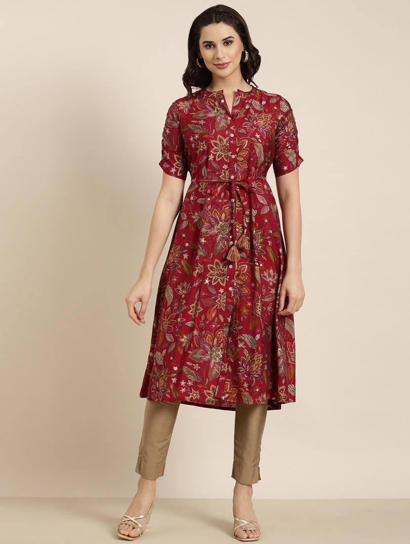 women maroon mandarin neck a-line kurta - 20961039 -  Zoom Image - 0
