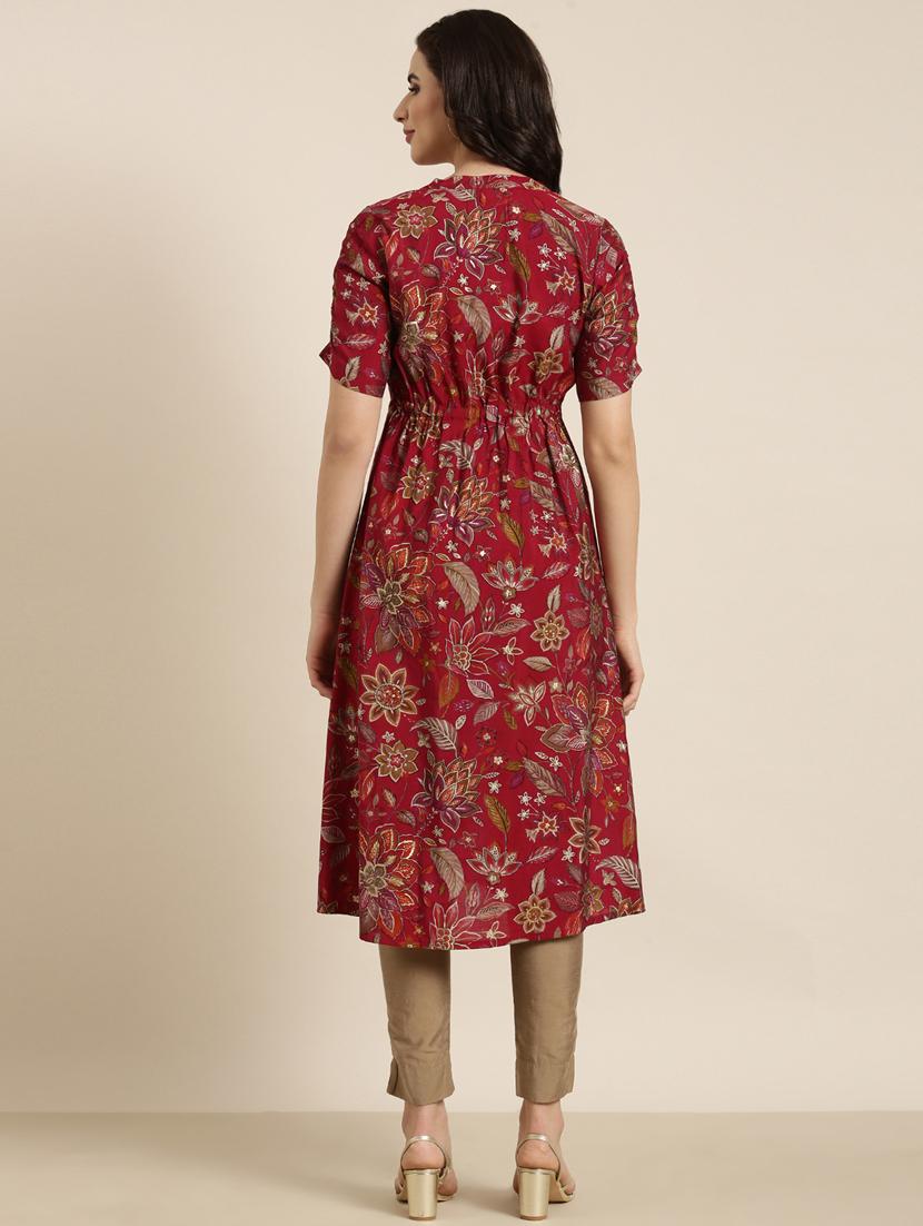 women maroon mandarin neck a-line kurta - 20961039 - Standard Image - 2