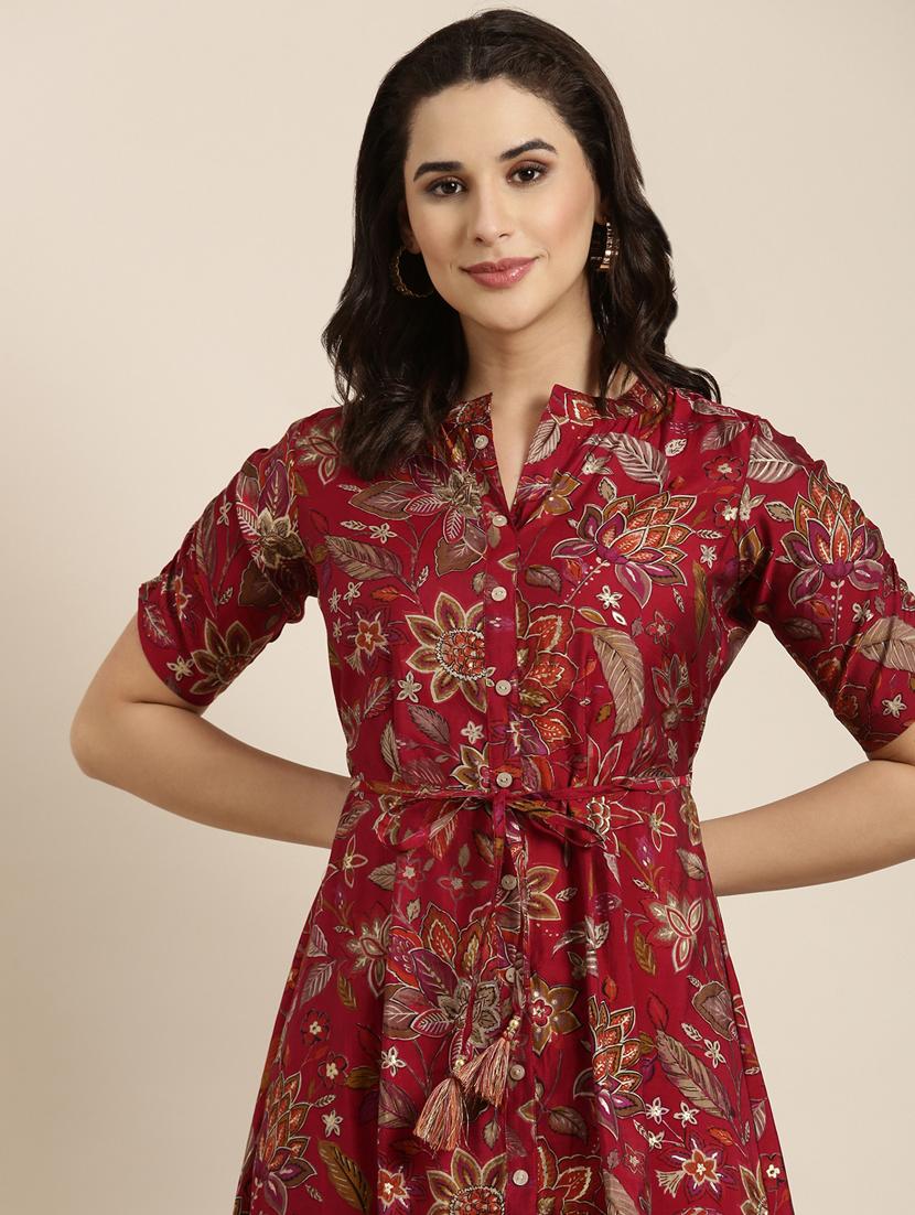 women maroon mandarin neck a-line kurta - 20961039 - Standard Image - 7