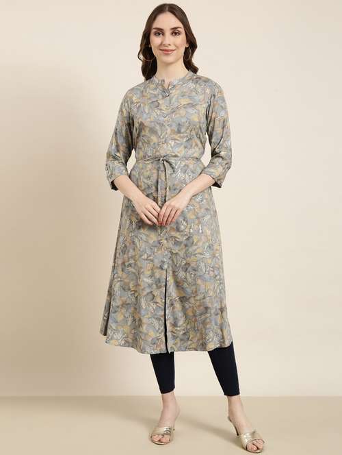 women grey mandarin neck a-line kurta - 20961052 - Standard Image - 0