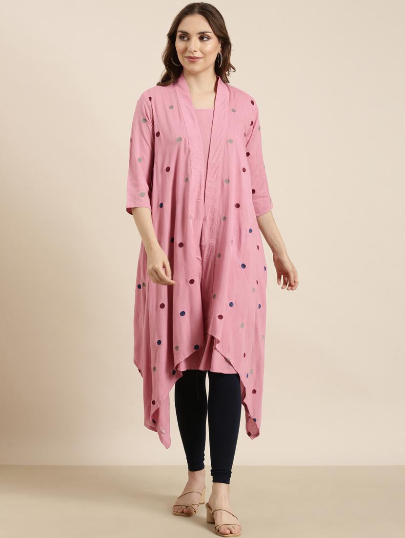 women pink solid a-line kurta with long shrug