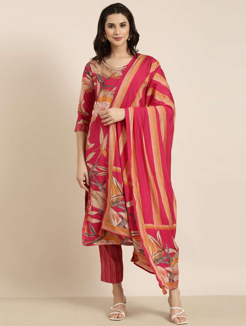 women floral v neck kurta pant set with dupatta