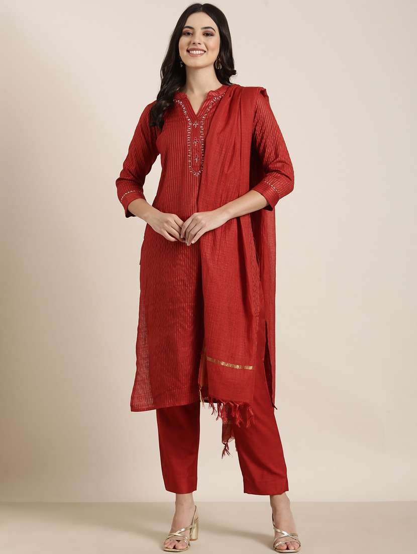 women self design mandarin neck kurta pant set with dupatta