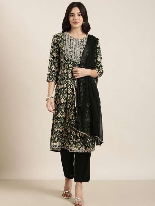 women ikat round neck kurta pant set with dupatta - 20961185 - Standard Image - 0