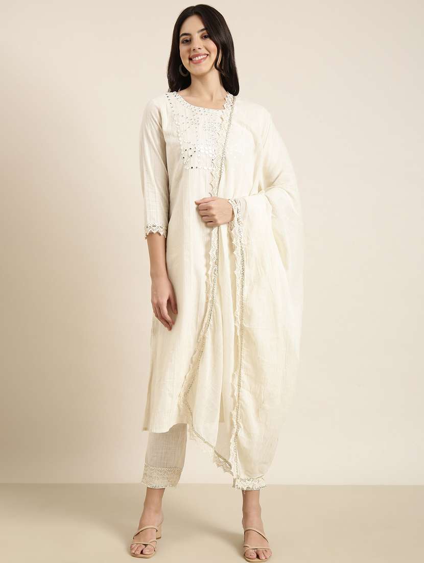 women mirror work kurta pant set with dupatta