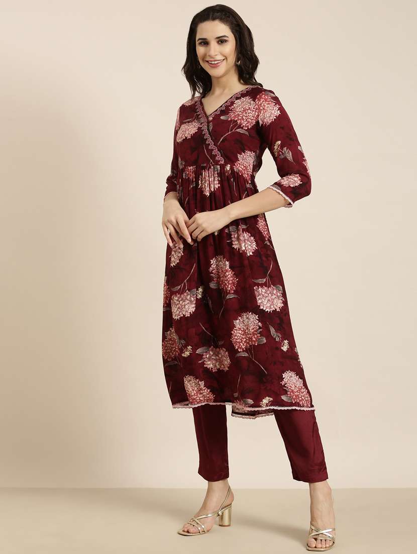 women maroon floral kurta pant set with dupatta - 20961205 -  Standard Image - 2