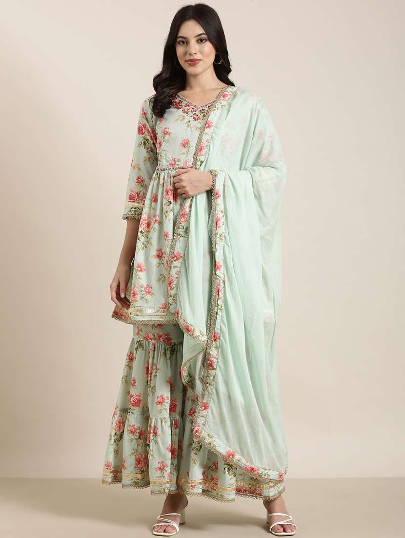 Women Sea Green Floral Printed Kurta Sharara Set With Dupatta