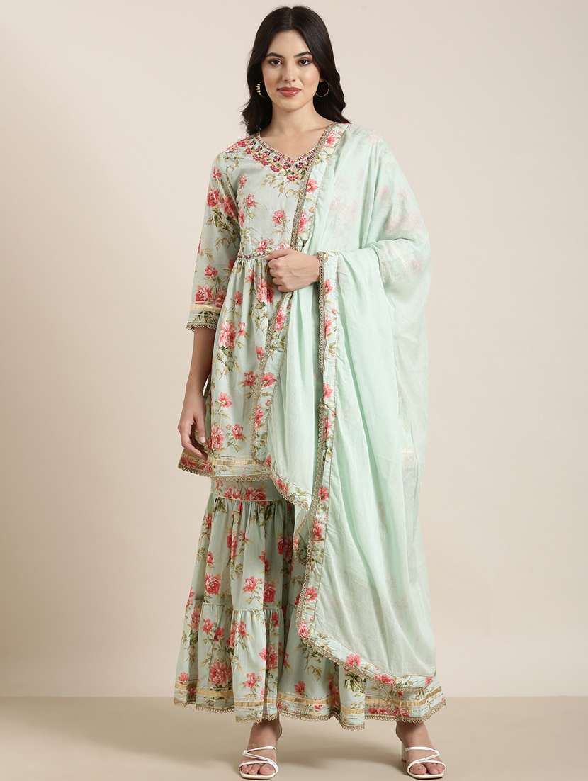 Women Sea Green Floral Printed Kurta Sharara Set With Dupatta