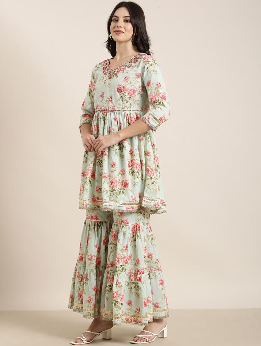 women sea green floral printed kurta sharara set with dupatta - 20961206 - Standard Image - 2